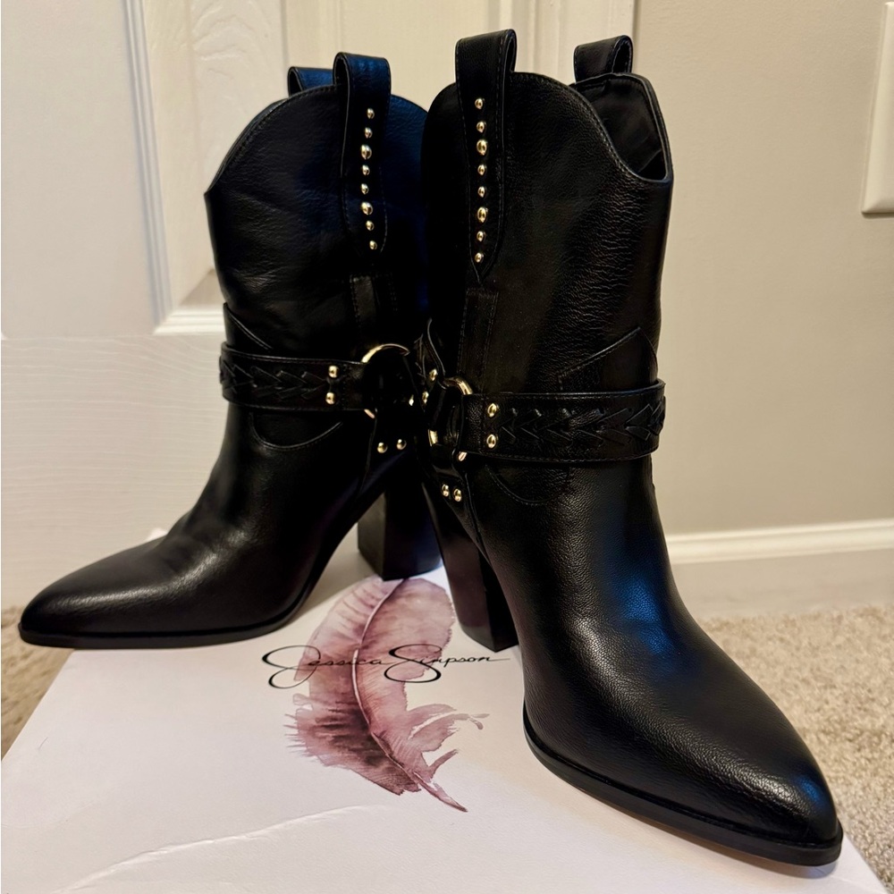 Jessica Simpson Black Heeled Boots with Harness Detail